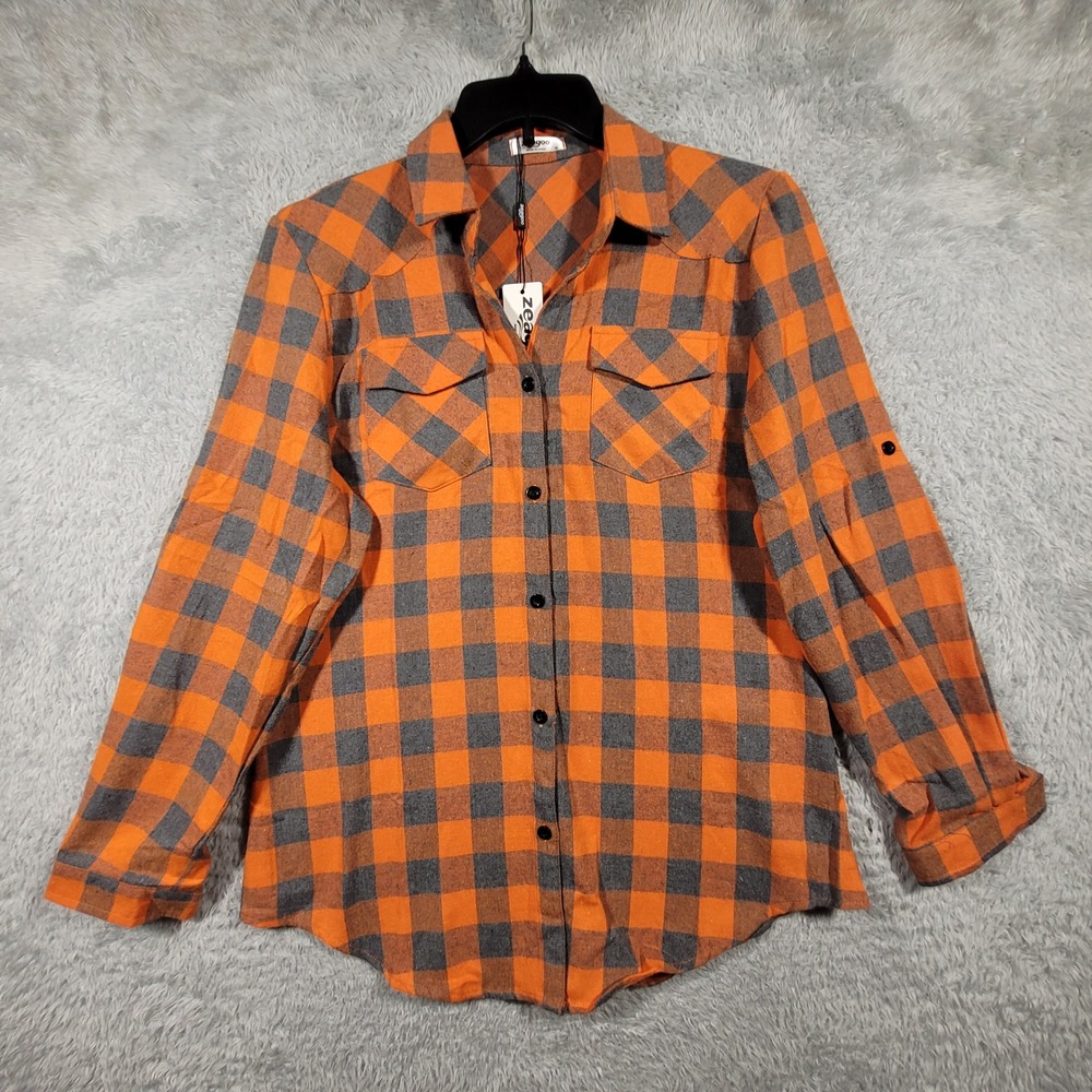 Zeagoo Flannel Shirt Mens Medium Orange Grey Plaid Western Roll Tab Sleeve NEW